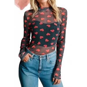 NEW LITTLE DAISY CLOSET valentines heart mock neck sheer mesh long sleeve top in